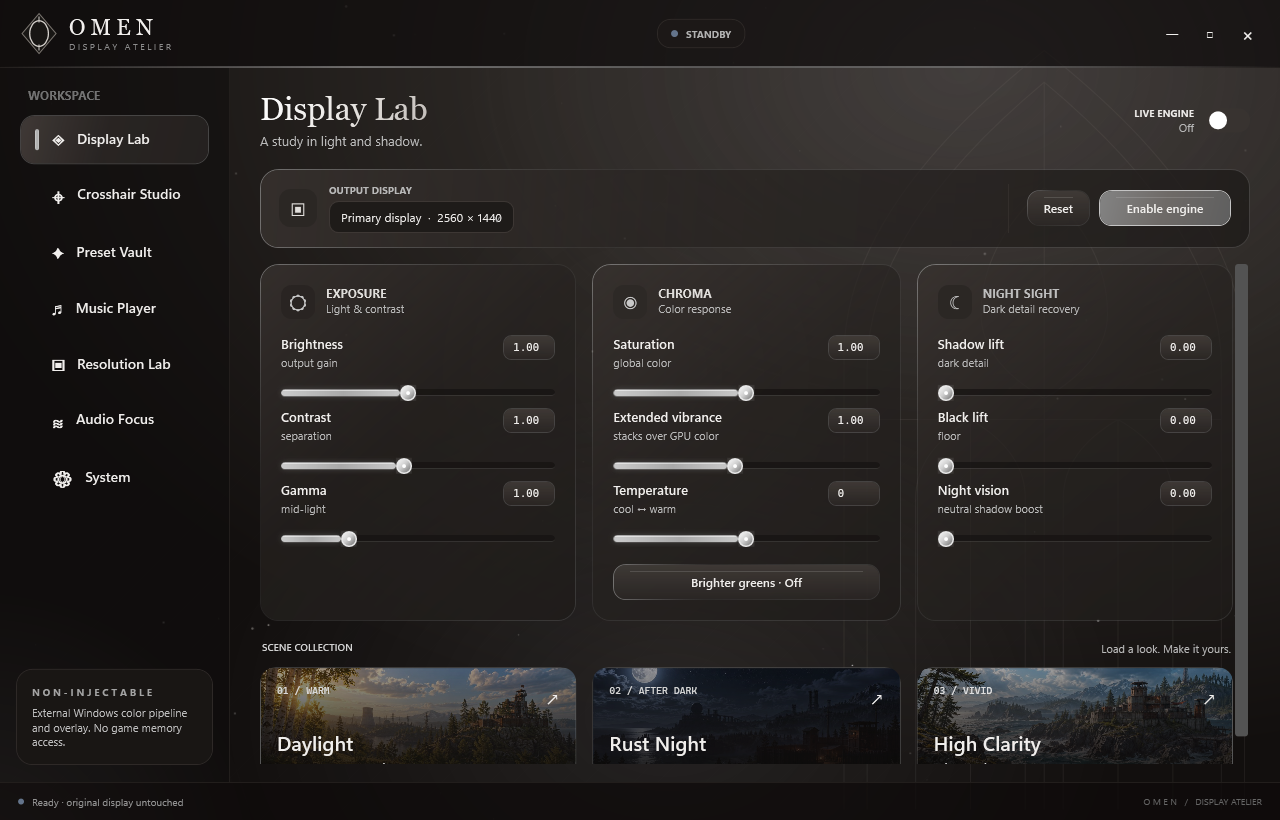 Current Omen Display Lab with exposure, chroma, night sight and preset controls